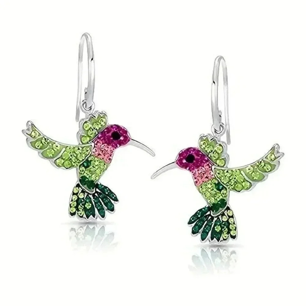 CHARMING & COLORFUL HummingBird Rhinestone Silvertoned Crystal Earrings …
